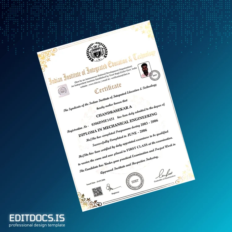 Editable India Indian Institute of Integrated Education & Technology Diploma in Mechanical Engineering Template Page Preview - EditDocs