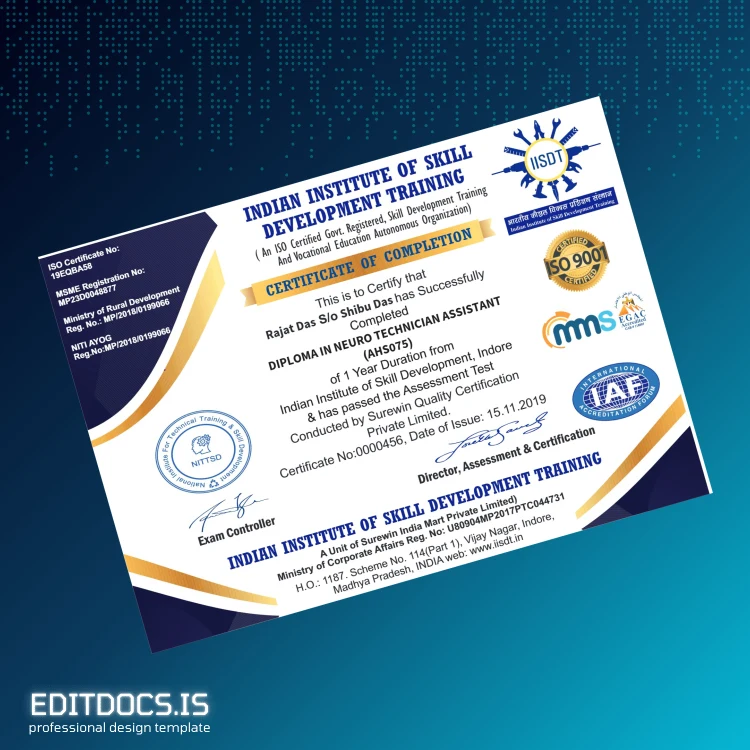 Editable India Indian Institute of Skill Development Training Diploma in Neuro Technician Assistant Page Preview - EditDocs
