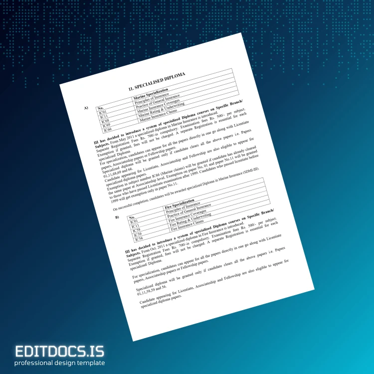 Editable India Institute of Insurance Diploma in Marine Insurance Page Preview - EditDocs