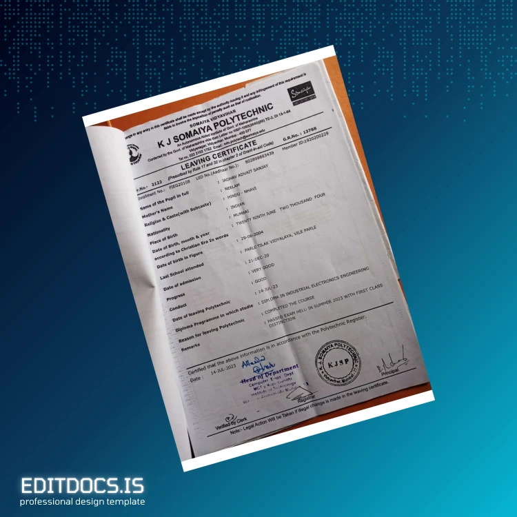 Editable India K J Somaiya Polytechnic Diploma in Industrial Electronics Engineering Template Page Preview - EditDocs