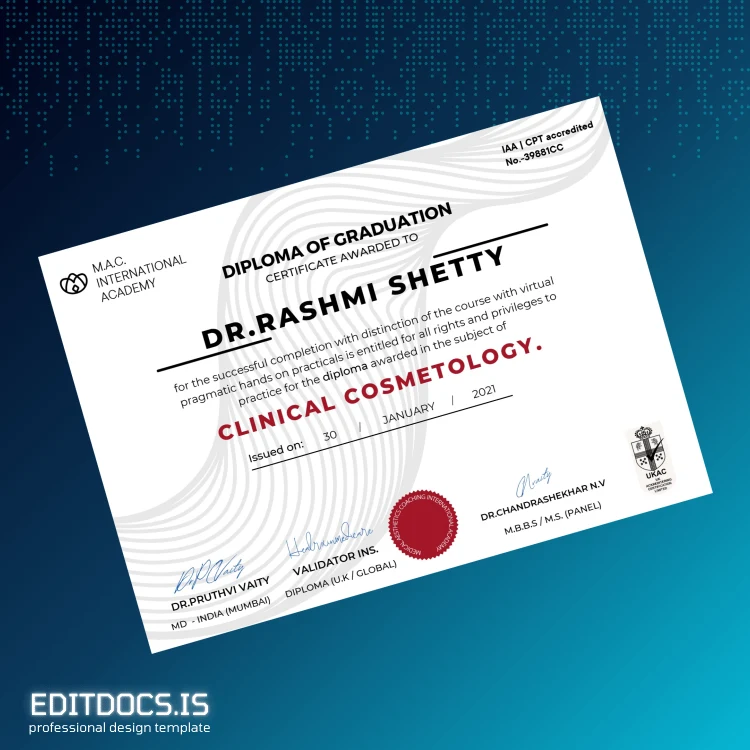 Editable India M.A.C. International Academy Clinical Cosmetology Diploma Template Page Preview - EditDocs