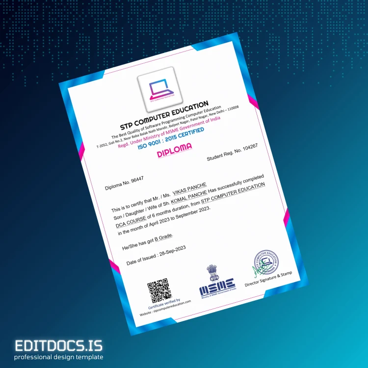 Editable India STP Computer Education DCA Diploma Template Page Preview - EditDocs