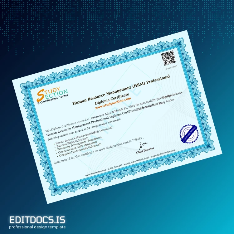 Editable India Study Section Human Resource Management Professional Diploma Certificate Page Preview - EditDocs