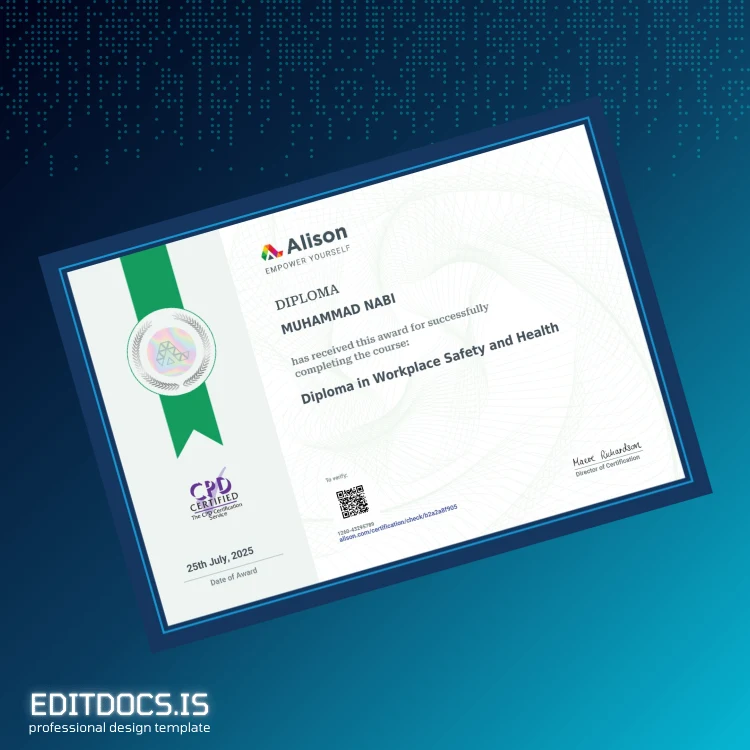 Editable Ireland Alison Diploma in Workplace Safety and Health Template Page Preview - EditDocs