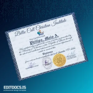 Editable Liberia Billie Call Christian Institute Diploma Page Preview - EditDocs
