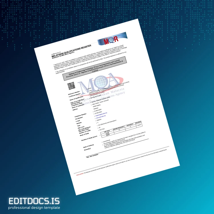 Editable Malaysia German Malaysian Institute Diploma in Engineering Technology (Process Instrumentation and Control) Page Preview - EditDocs