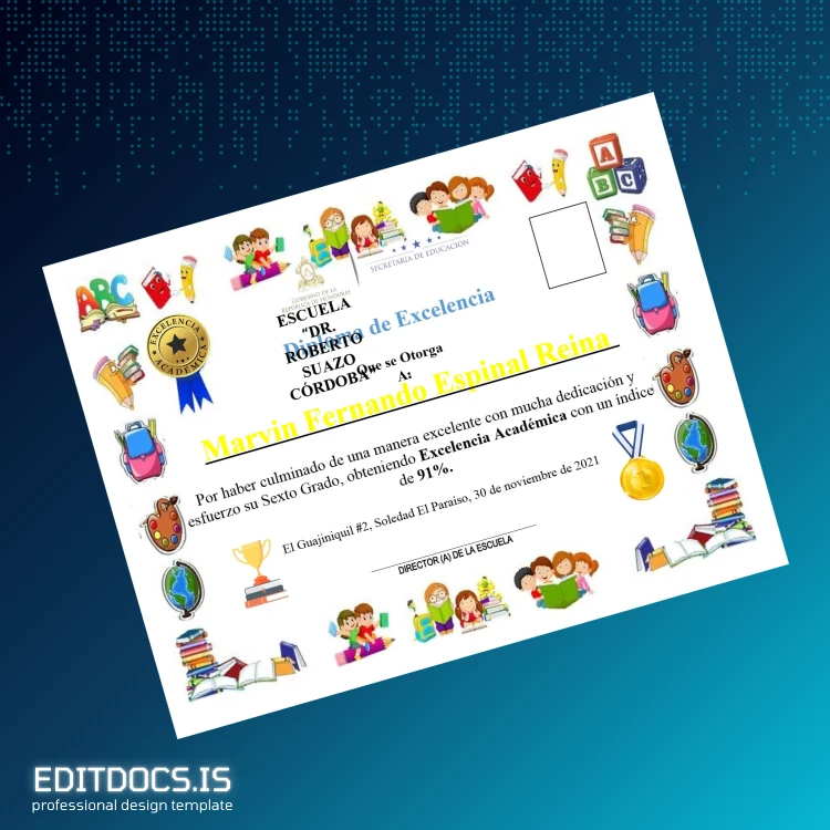 Editable Mexico Escuela Froylan Turcios Diploma of Excellence Template page 2 Page Preview - EditDocs