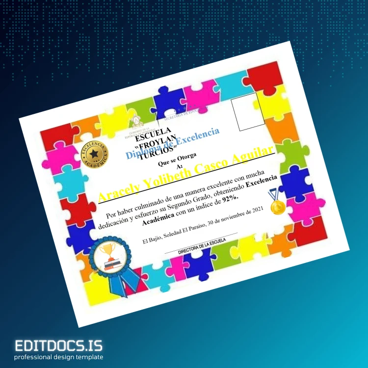 Editable Mexico Escuela Froylan Turcios Diploma of Excellence Template page 3 Page Preview - EditDocs