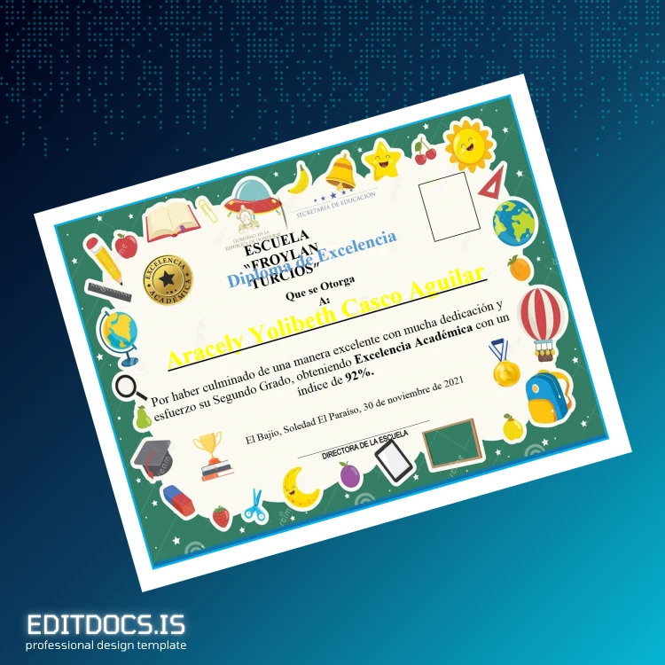 Editable Mexico Escuela Froylan Turcios Diploma of Excellence Template Page Preview - EditDocs