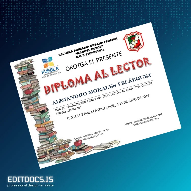 Editable Mexico Escuela Primaria Urbana Federal Manuel Pozos Diploma al Lector Template Page Preview - EditDocs