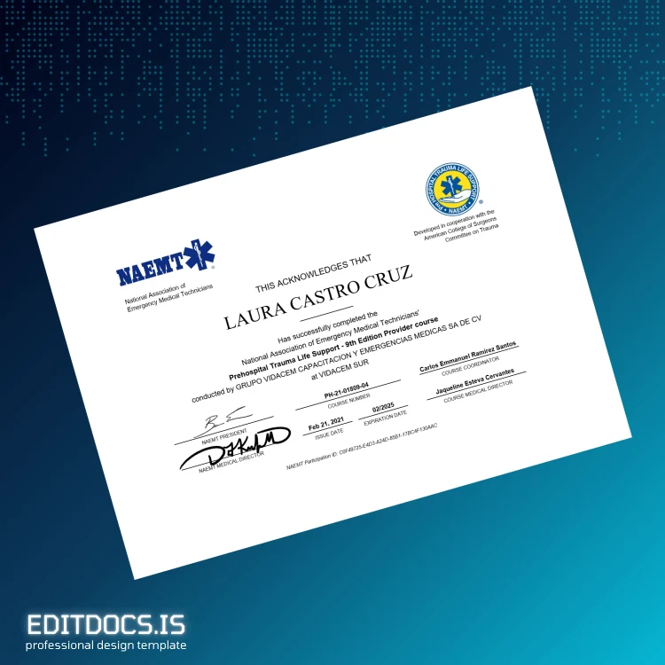 Editable Mexico GRUPO VIDACEM CAPACITACION Y EMERGENCIAS MEDICAS SA DE CV Prehospital Trauma Life Support Diploma page 2 Page Preview - EditDocs