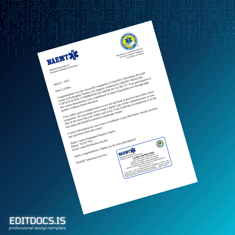 Editable Mexico GRUPO VIDACEM CAPACITACION Y EMERGENCIAS MEDICAS SA DE CV Prehospital Trauma Life Support Diploma Page Preview - EditDocs