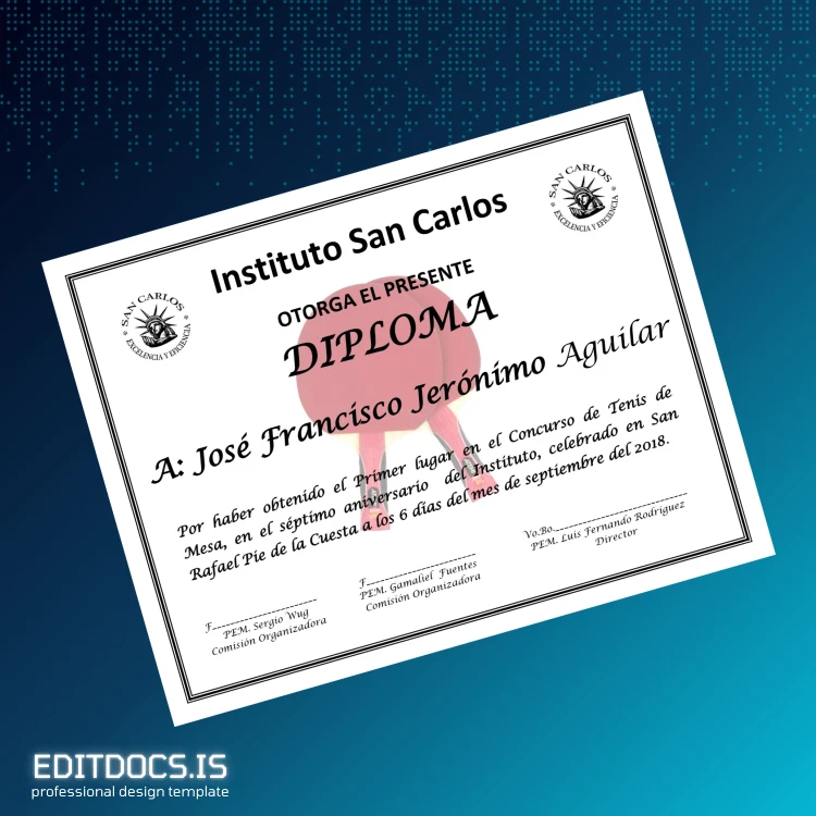Editable Mexico Instituto San Carlos Table Tennis Diploma Page Preview - EditDocs