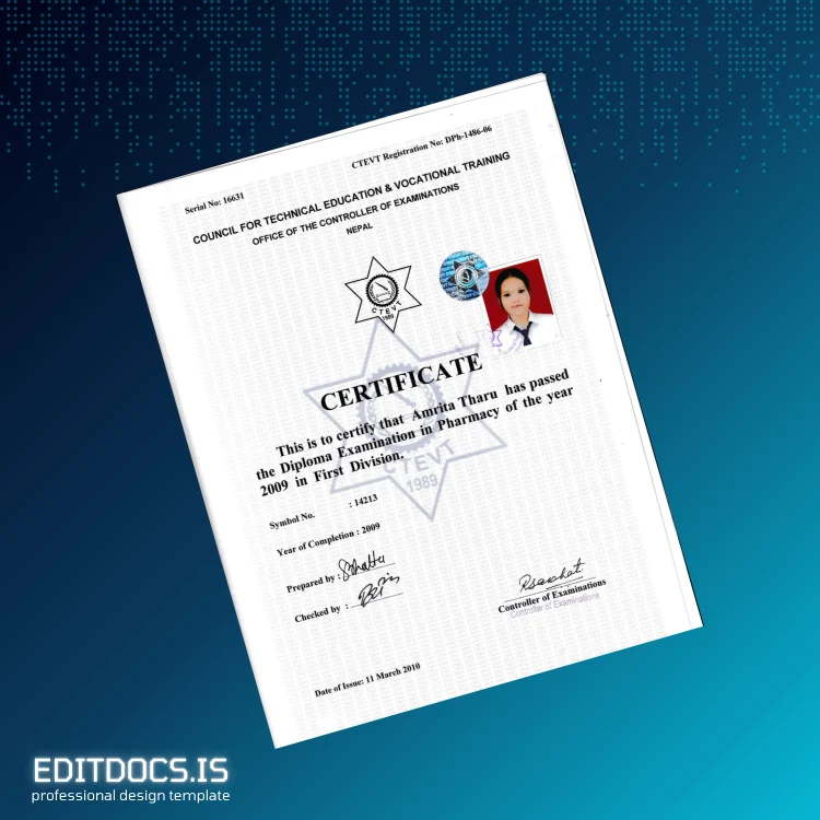 Editable Nepal Council for Technical Education and Vocational Training Diploma in Pharmacy Certificate Page Preview - EditDocs