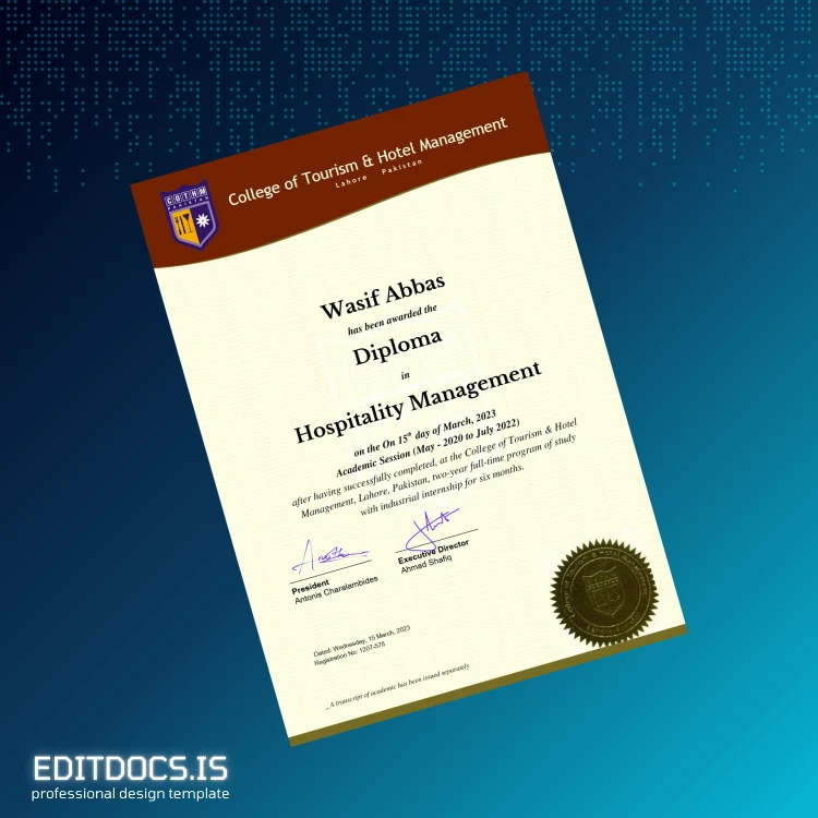 Editable Pakistan Cothm College Diploma in Hospitality Management Page Preview - EditDocs