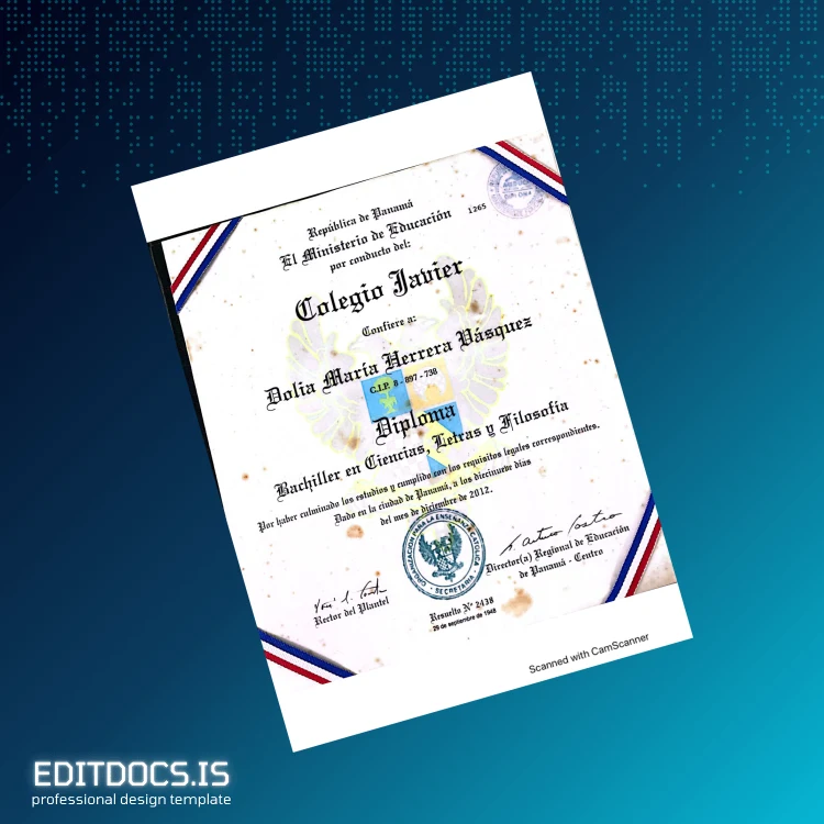 Editable Panama Colegio Javier Bachelor in Sciences, Arts, and Philosophy Diploma Page Preview - EditDocs