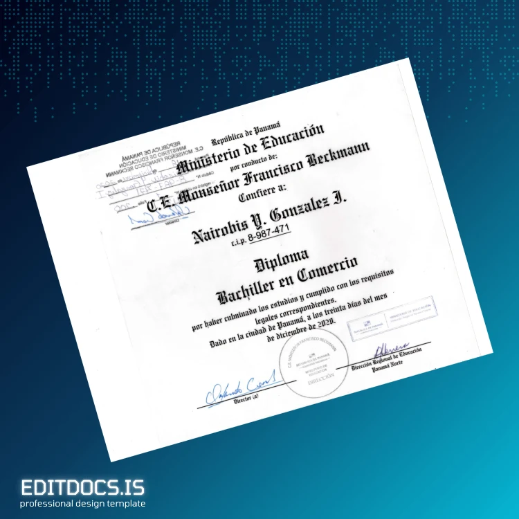 Editable Panama Instituto de Educación High School Diploma Template Page Preview - EditDocs