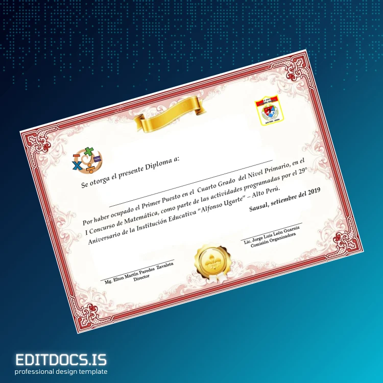Editable Peru Alfonso Ugarte Institution First Place Diploma Page Preview - EditDocs