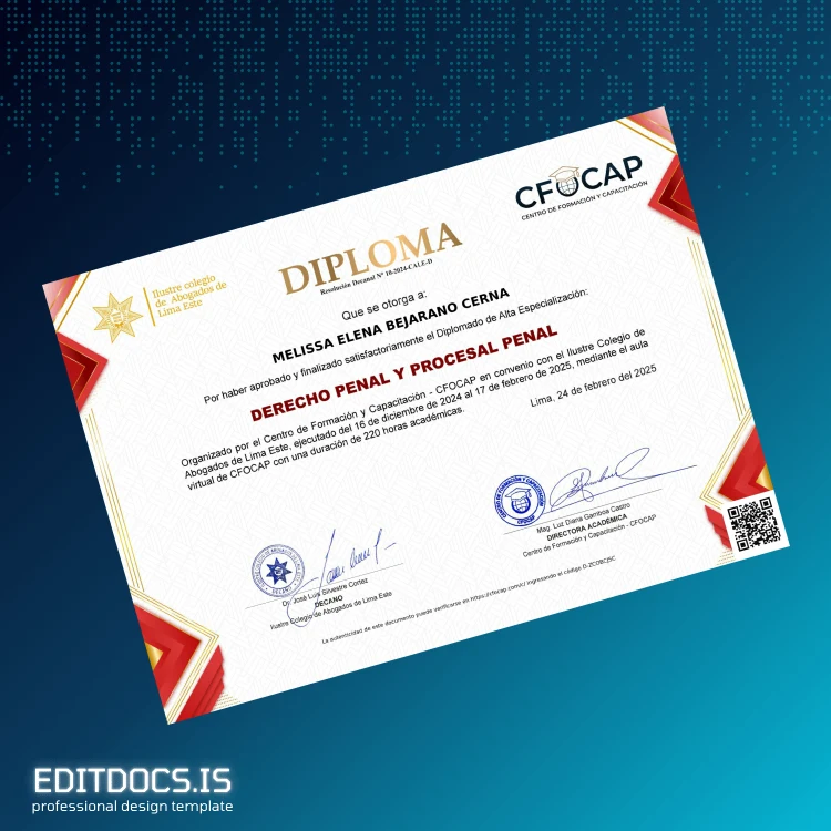 Editable Peru CFOCAP Diploma of High Specialization in Criminal Law and Procedural Law Page Preview - EditDocs