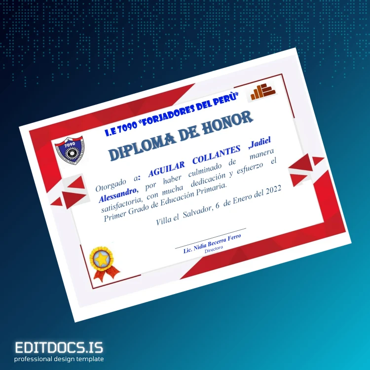 Editable Peru I.E 7090 _Forjadores del Perú_ Honor Diploma Template Page Preview - EditDocs