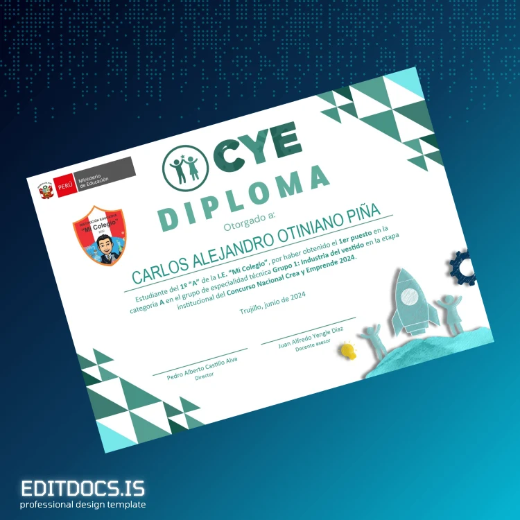 Editable Peru I.E. _Mi Colegio_ Diploma in Technical Specialty Group 1_ Garment Industry Page Preview - EditDocs