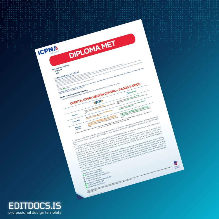 Editable Peru ICPNA REGION CENTRO High School Diploma Template Page Preview - EditDocs