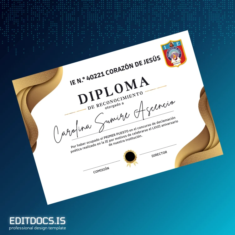 Editable Peru IE N.° 40221 Corazón de Jesús Poetry Competition Diploma Page Preview - EditDocs