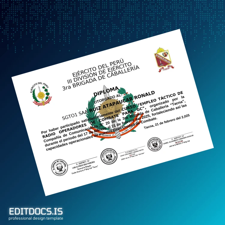 Editable Peru III Division of the Army Tactical Employment Diploma for Combat Radio Operators Certificate Page Preview - EditDocs