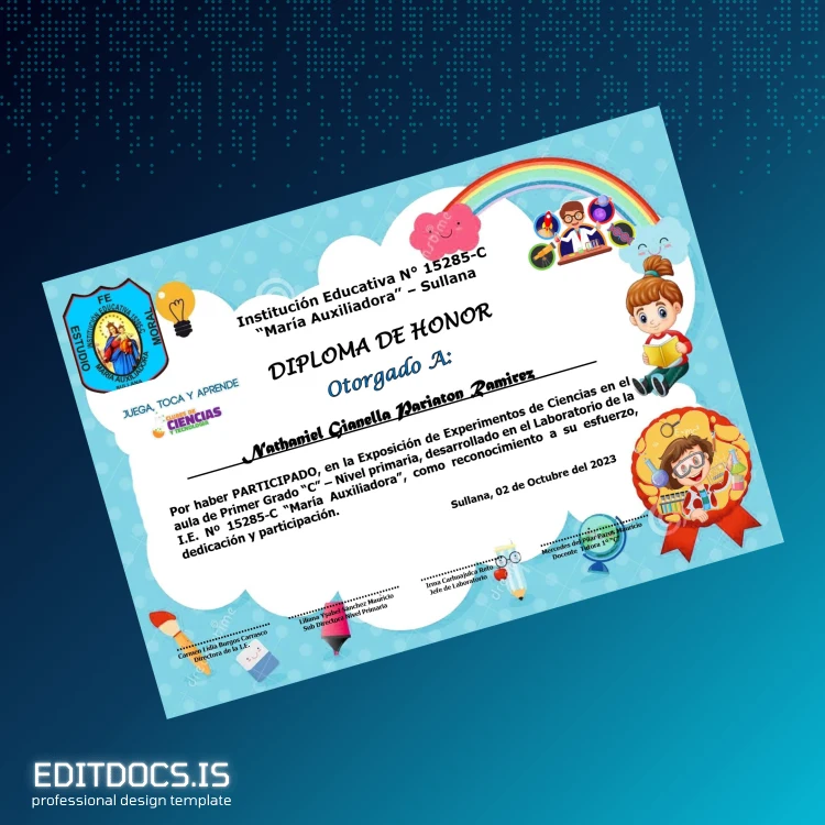 Editable Peru Institución Educativa N° 15285-C Diploma de Honor Template Page Preview - EditDocs