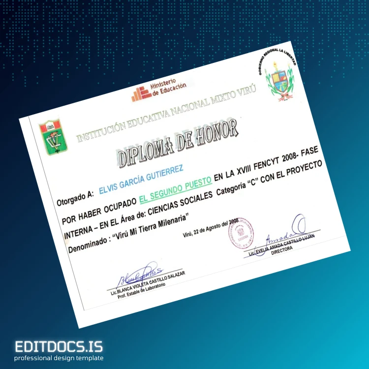 Editable Peru Institución Educativa Nacional Mixto Virú Diploma Template page 2 Page Preview - EditDocs