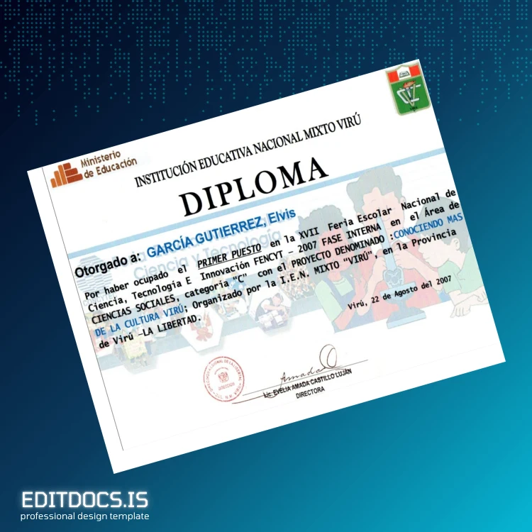 Editable Peru Institución Educativa Nacional Mixto Virú Diploma Template Page Preview - EditDocs