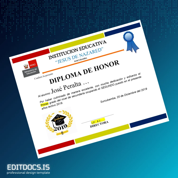 Editable Peru Institución Educativa _Jesús de Nazared_ Honor Diploma Certificate Page Preview - EditDocs