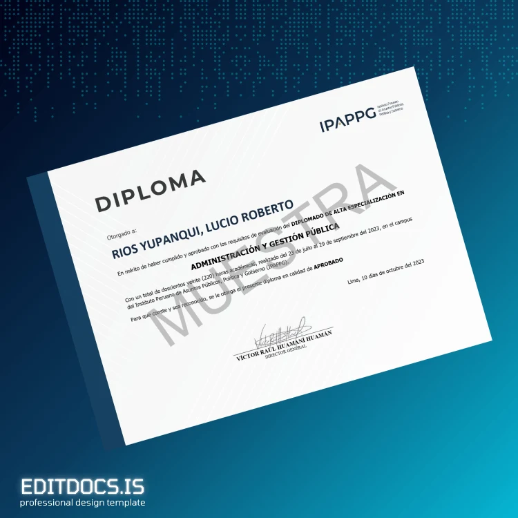 Editable Peru Institute of Public Affairs, Politics, and Government Diploma in High Specialization in Public Administration and Management Template Page Preview - EditDocs