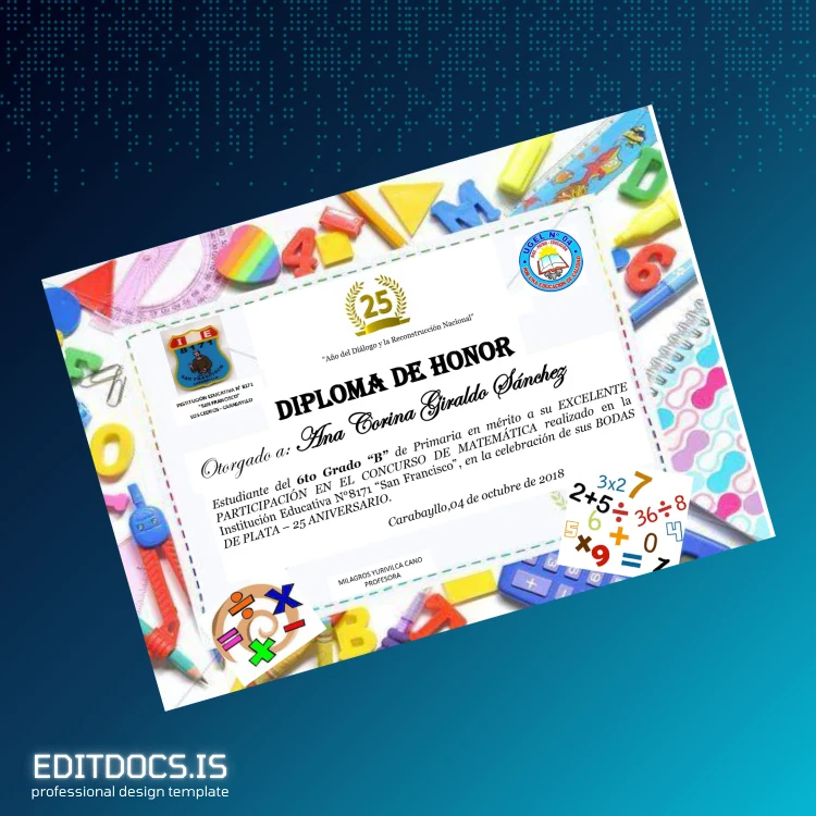 Editable Peru Institution Educativa N°8171 _San Francisco_ Honor Diploma Page Preview - EditDocs