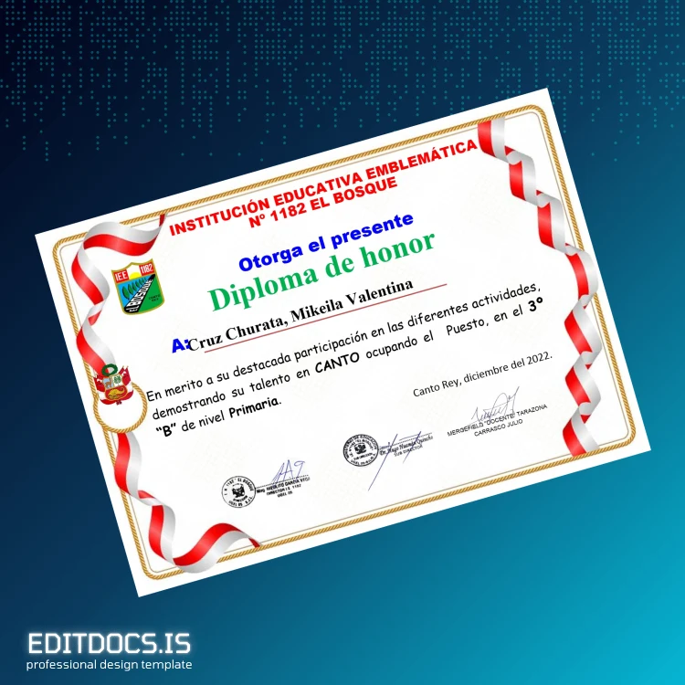 Editable Peru Institutional Educational Emblematic No 1182 El Bosque Honor Diploma Page Preview - EditDocs