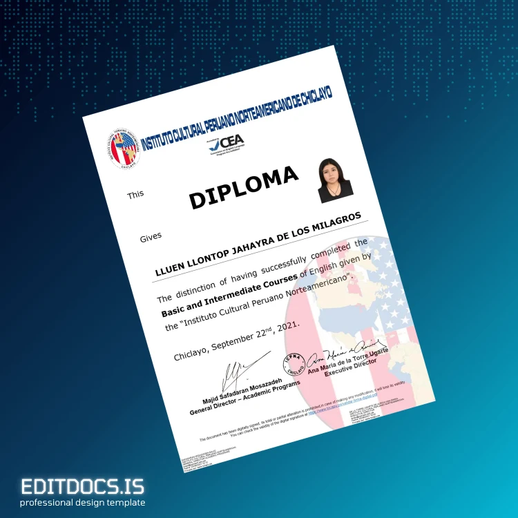 Editable Peru Instituto Cultural Peruano Norteamericano Diploma in Basic and Intermediate English Courses Page Preview - EditDocs