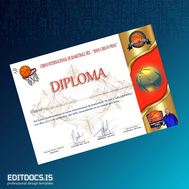 Editable Peru International Basketball Course Diploma Template Page Preview - EditDocs
