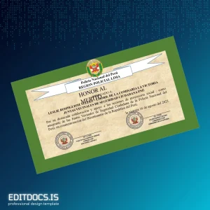 Editable Peru National Police Recognition Diploma Awarded to Leslie Rospigliosi Tellez for Community Service Page Preview - EditDocs