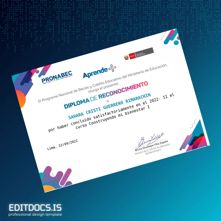 Editable Peru PRONABEC Certificate of Recognition for Completion of Course Page Preview - EditDocs
