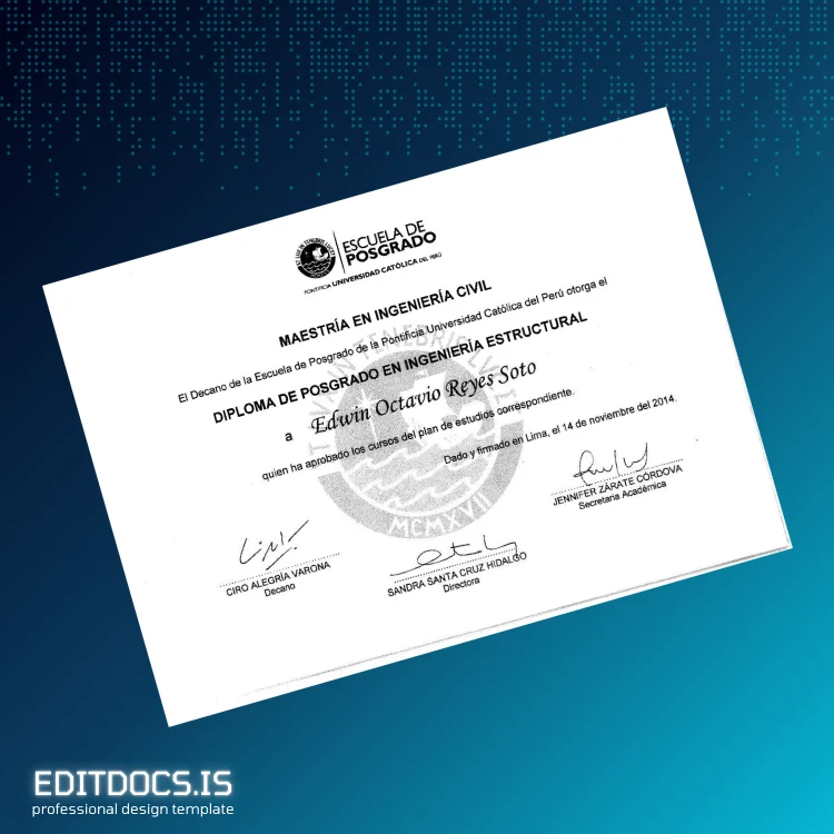 Editable Peru Pontifical Catholic University Master of Science in Civil Engineering Diploma Page Preview - EditDocs