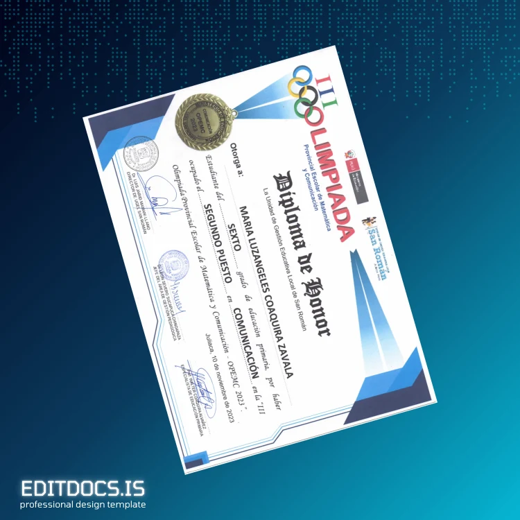 Editable Peru Unidad de Gestión Educativa Local de San Román Diploma de Honor Template Page Preview - EditDocs