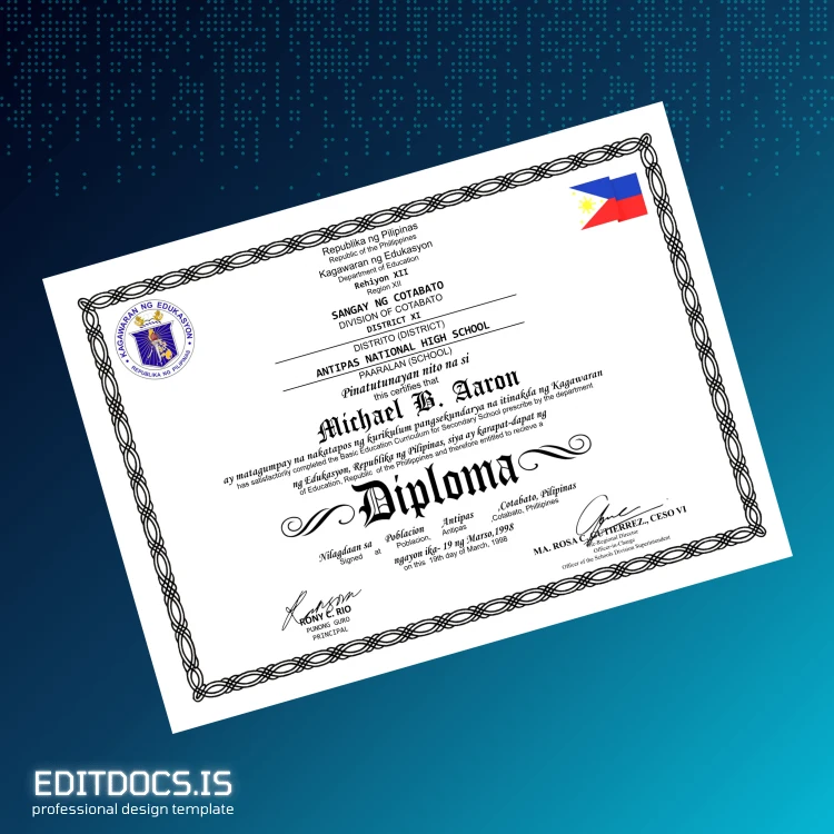 Editable Philippines Antipas National High School High School Diploma Template Page Preview - EditDocs