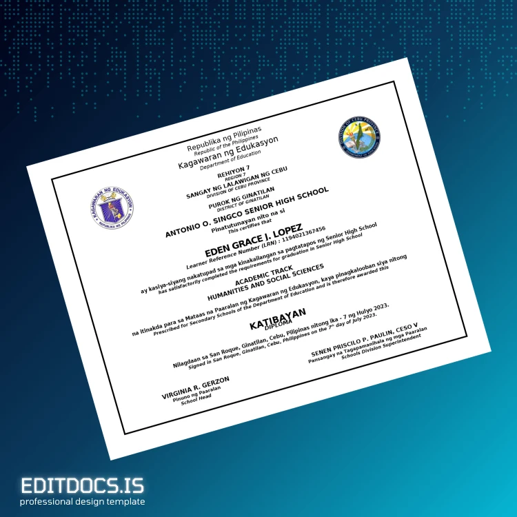 Editable Philippines Antonio O. Singco Senior High School High School Diploma Page Preview - EditDocs