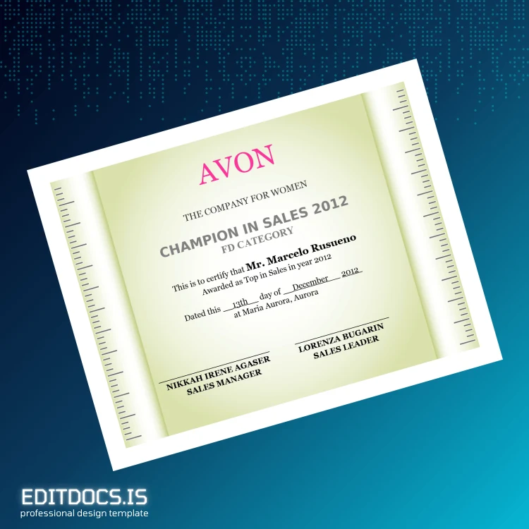 Editable Philippines Avon Champion in Sales Certificate Template Page Preview - EditDocs
