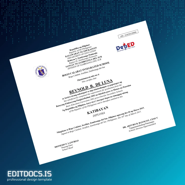 Editable Philippines Bogo Calabat Integrated School High School Diploma Page Preview - EditDocs