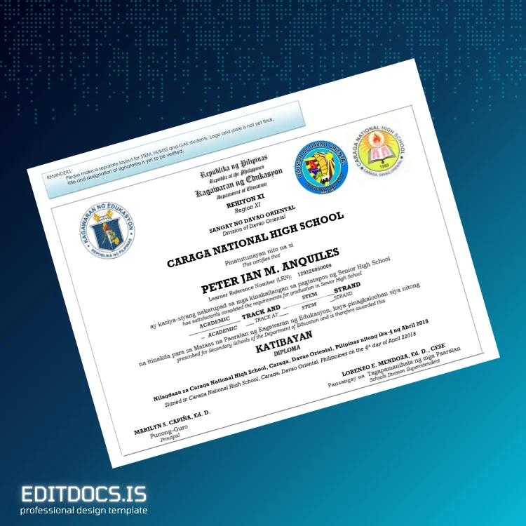 Editable Philippines Caraga National High School High School Diploma page 2 Page Preview - EditDocs