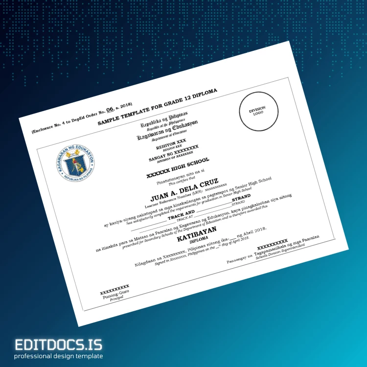 Editable Philippines Caraga National High School High School Diploma Page Preview - EditDocs