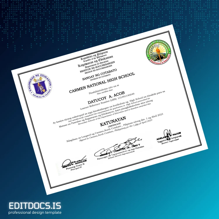 Editable Philippines Carmen National High School High School Diploma Page Preview - EditDocs