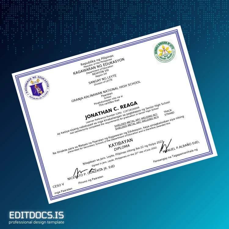 Editable Philippines Granja-Kalinawan National High School Senior High School Diploma Page Preview - EditDocs
