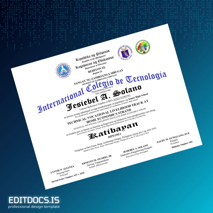 Editable Philippines Internacional Colegio de Tecnologia Senior High School Diploma Page Preview - EditDocs